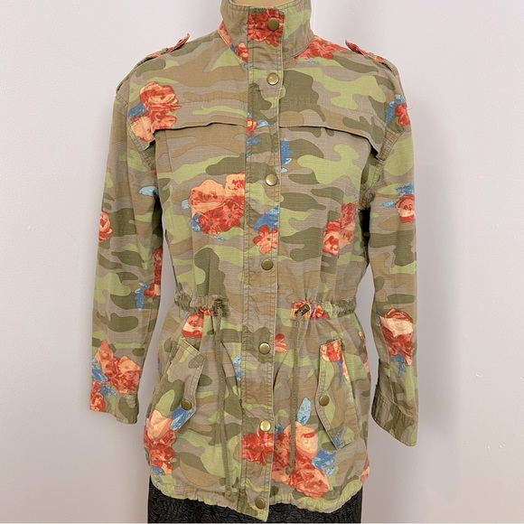 Army Green Camouflage Rose & Blue Floral Utility Anorak Jacket Size S - Picture 2 of 11